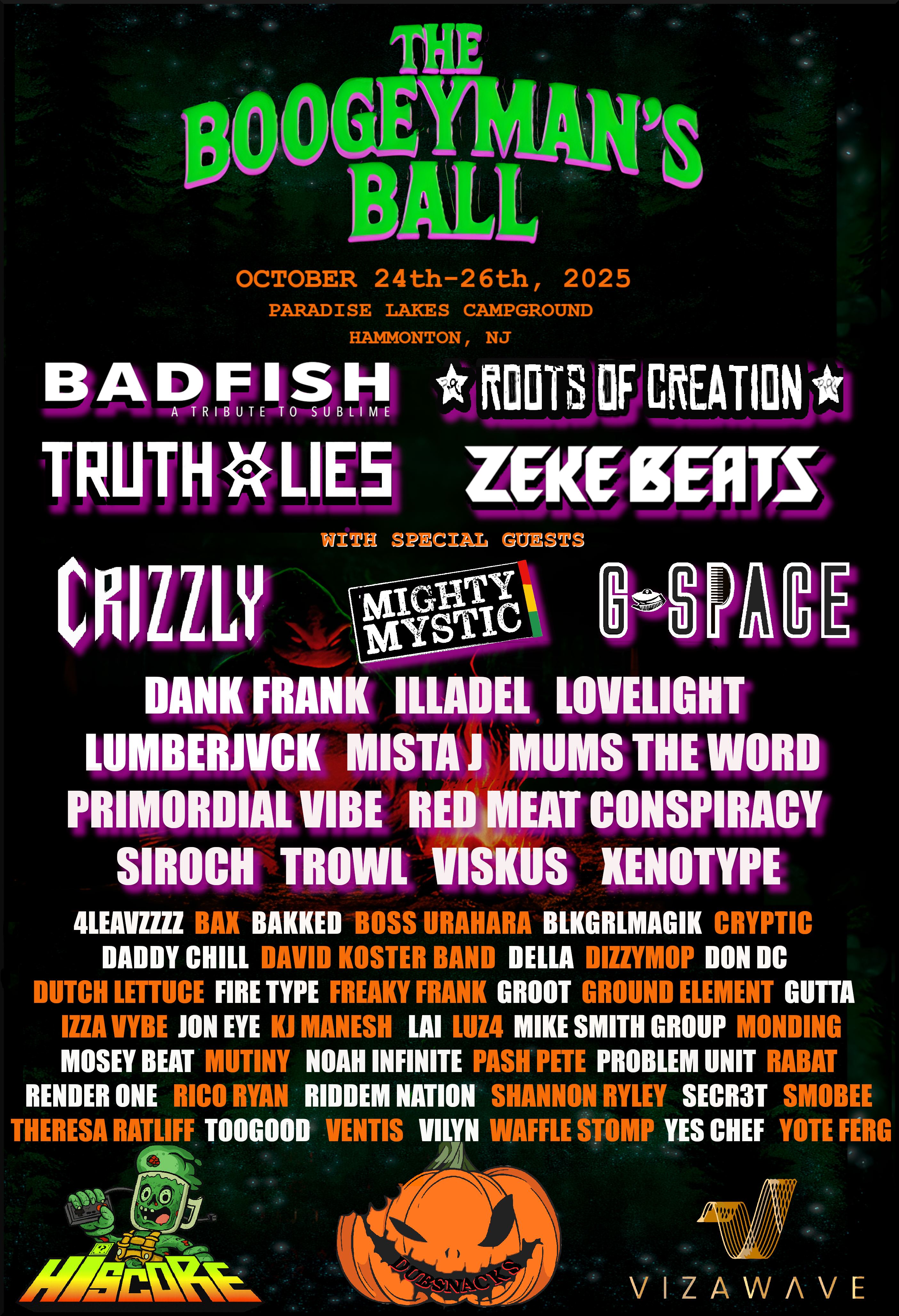 The Boogeyman's Ball 2025 Phase 1 Lineup featuring BADFISH, Roots of Creation, Truth & Lies, Zeke Beats, Crizzly, Mighty Mystic, G-Space and 40+ artists across reggae, jam, and electronic music genres